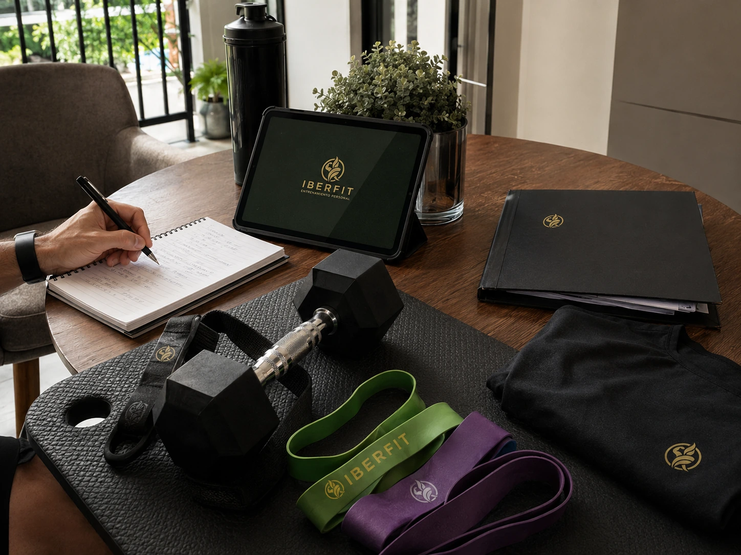 Material de entrenamiento, planificación y elementos de marca IBERFIT preparados para una sesión.