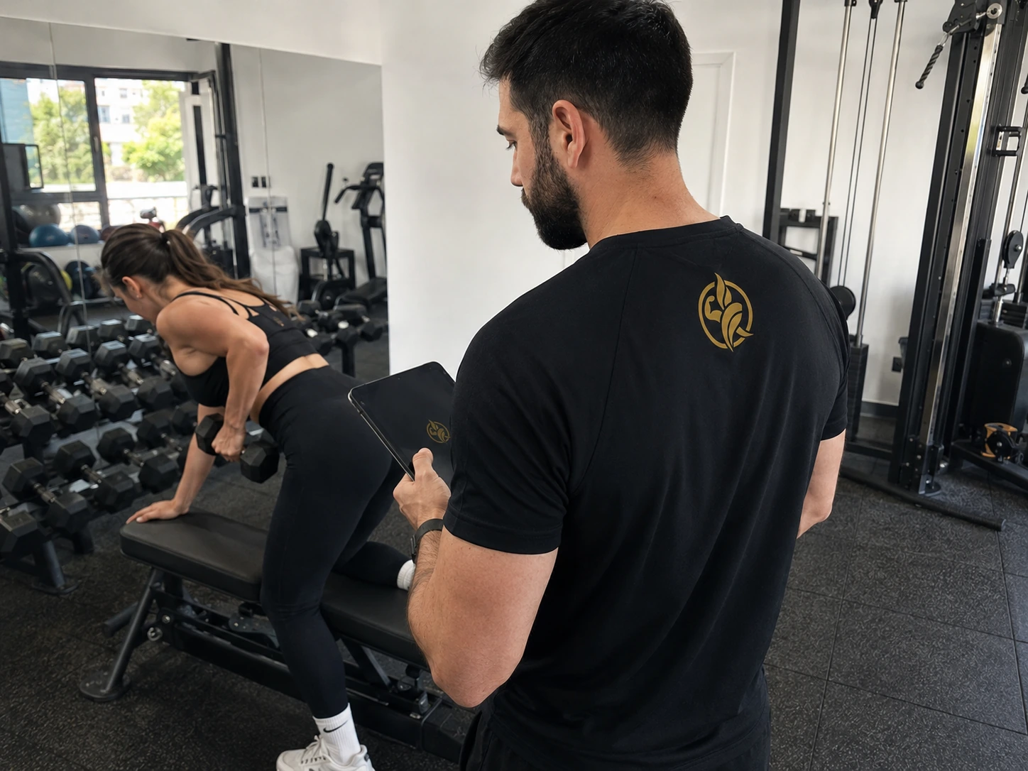 Entrenador IBERFIT supervisando un ejercicio de fuerza en una sesión presencial.